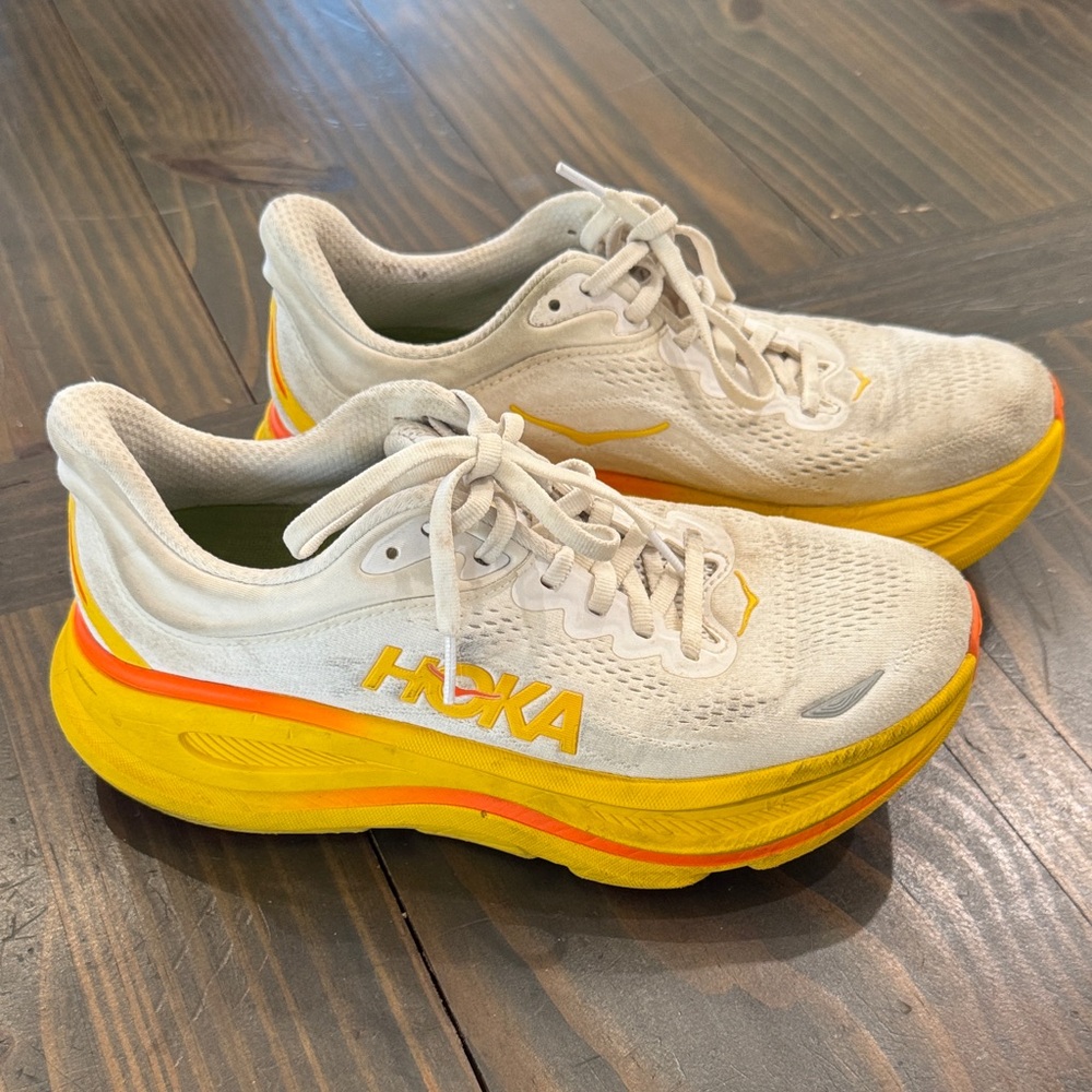 Hoka White and Yellow Athletic Running Shoes
